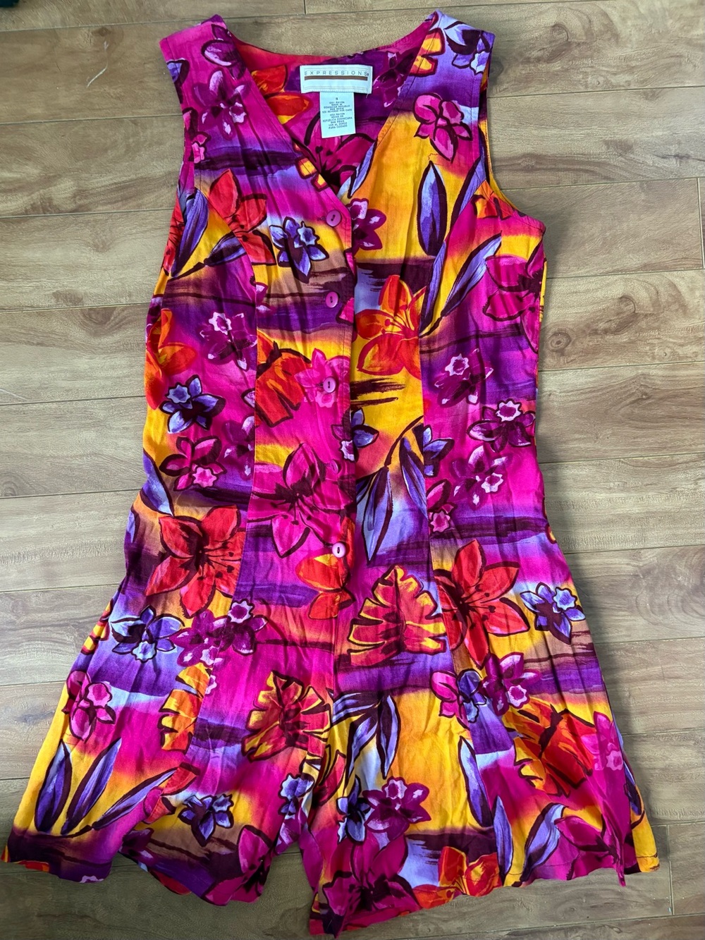 Expressions Vibrant Pink, Yellow & Purple Floral Sleeveless Romper